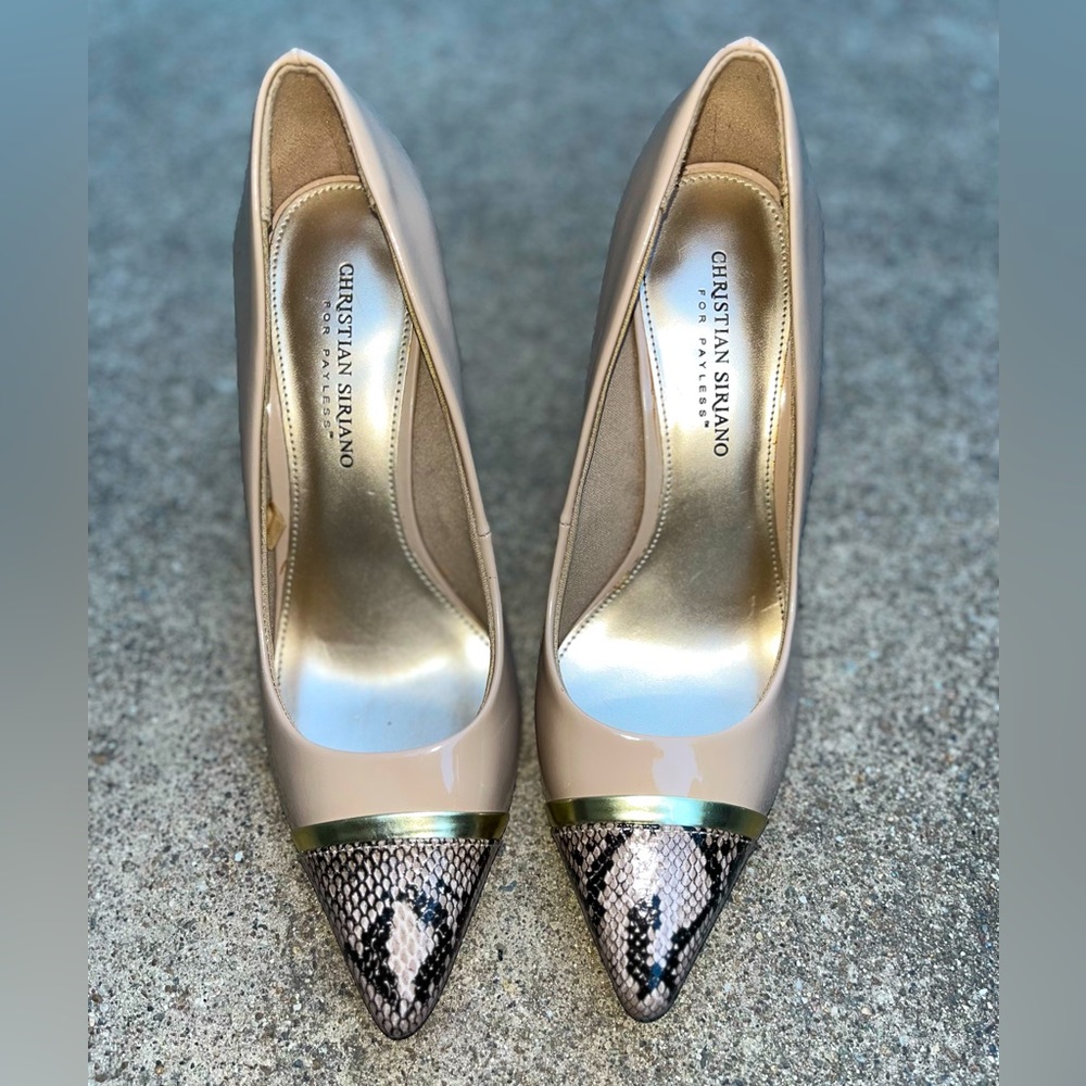 Christian Siriano Tan Snake Skin Heels